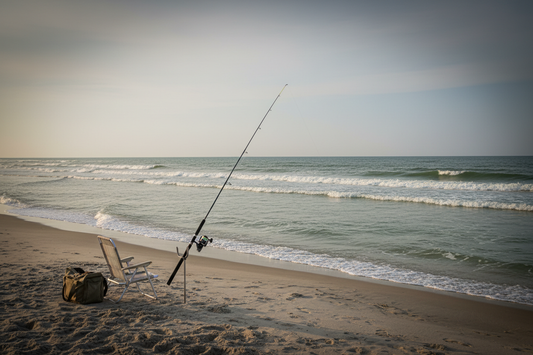 Surf fishing rod in a sand spike near the tide line on the Grand Strand, with calm waves and simple gear nearby