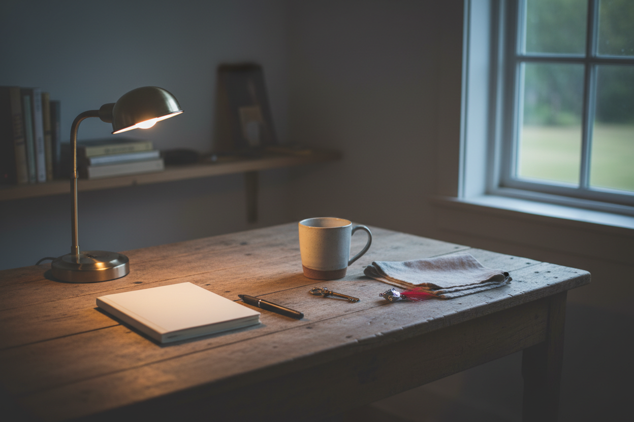 Calm home office desk at dawn with a notebook, mug, and simple everyday items for the Home, Heart & Harbor Journal.”