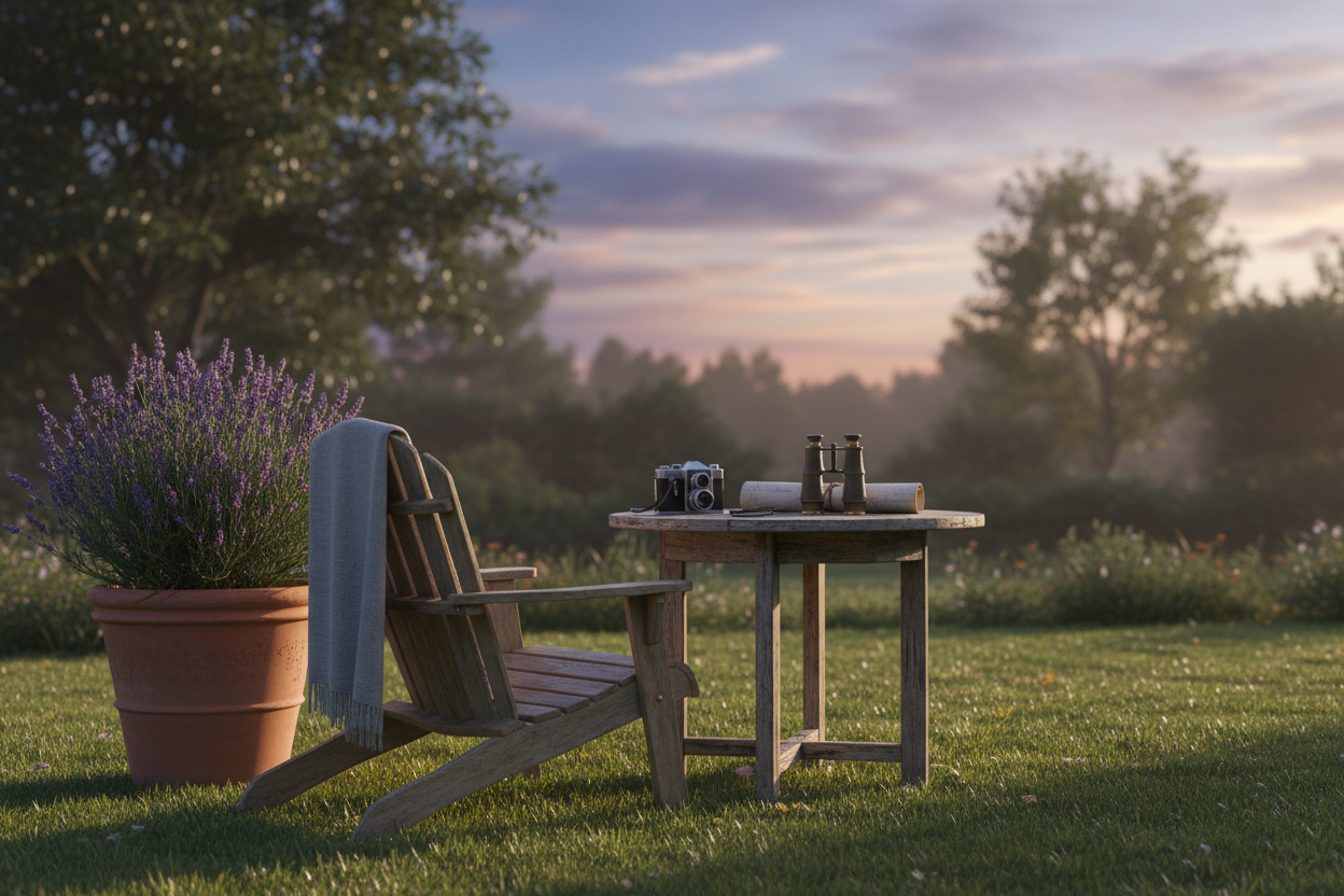 Backyard or garden scene with a simple chair, a potted plant, a camera resting on a small table, and a pair of binoculars or star chart nearby. Soft late-afternoon or twilight light, trees or sky in the background, realistic photography, peaceful and uplifting mood, no visible faces