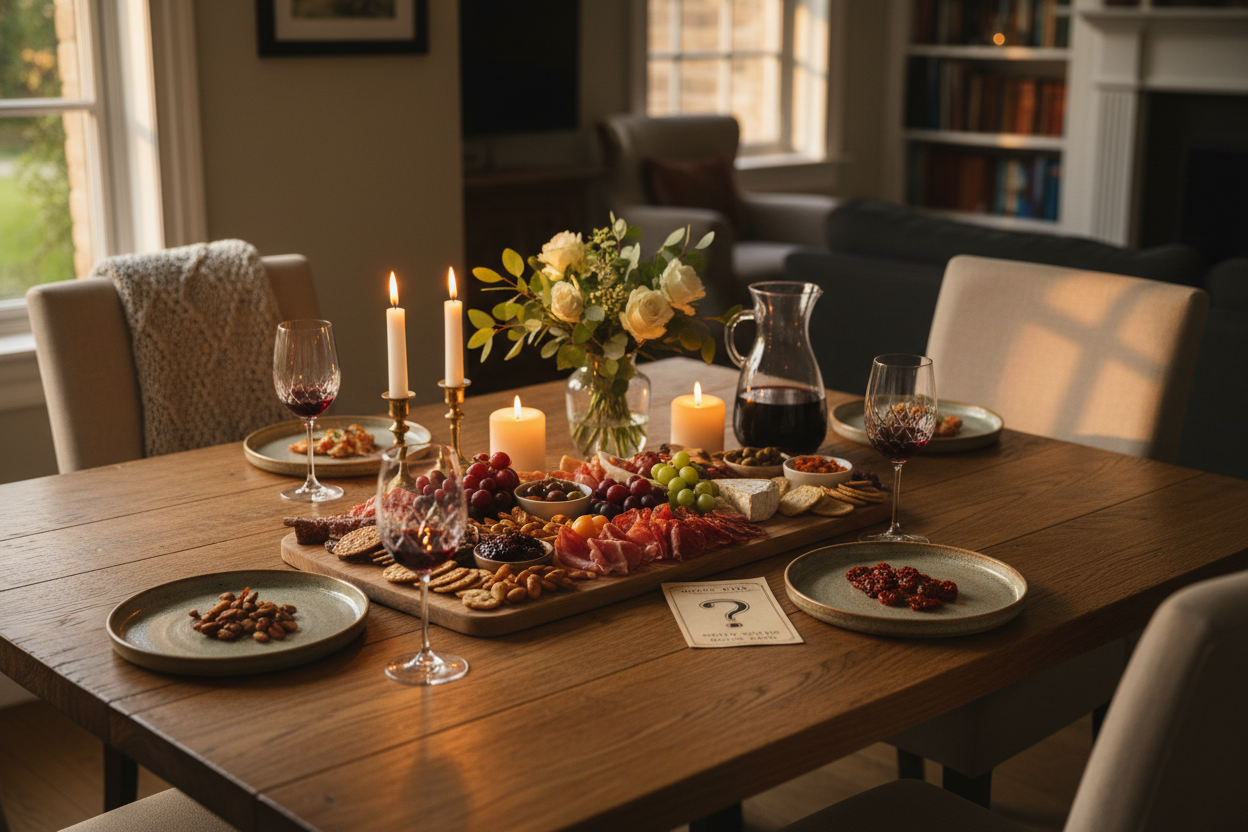Cozy dining table set for a small gathering at home: wooden table with a charcuterie board, a few small plates, glasses, candles, and a simple centerpiece. Soft warm evening light, relaxed but intentional styling, hint of a game or clue card on the table, realistic photography, no visible faces, inviting atmosphere.”
