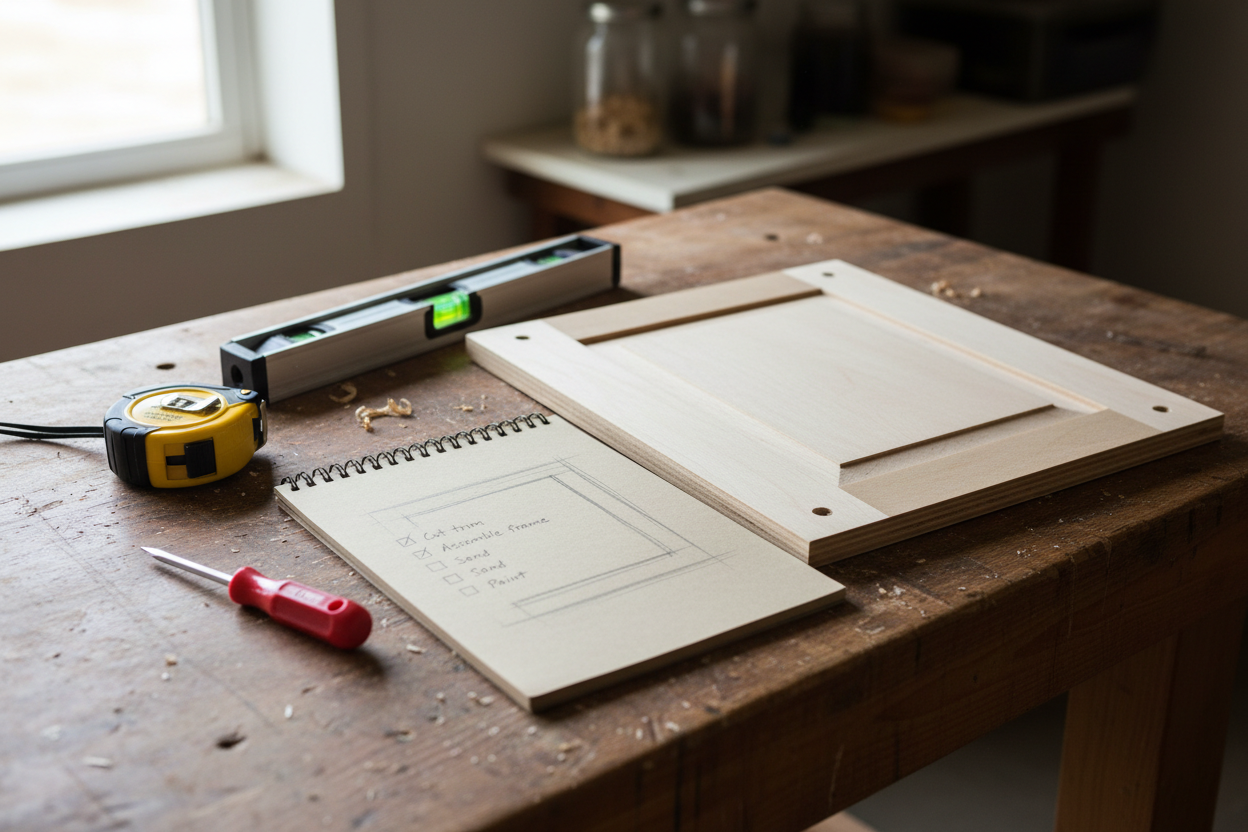 “Small home project scene on a wooden workbench or table: a few hand tools (screwdriver, tape measure, small level), a notepad with a simple sketch or checklist, and a small house-related item like a cabinet door or piece of trim. Soft natural light, realistic photography, organized and approachable, for everyday handyman projects.
