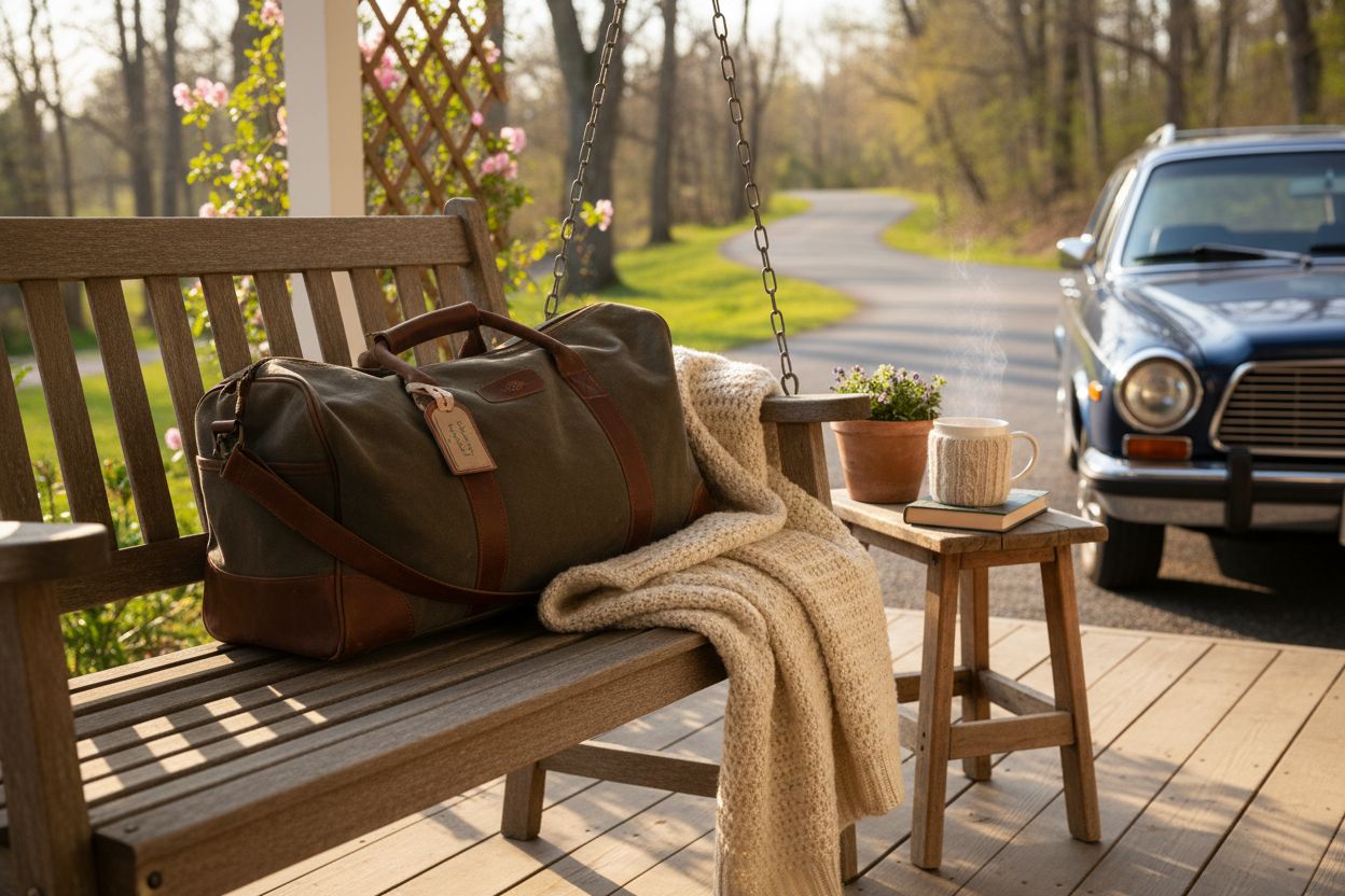 Weekend escape vibe: an overnight duffel bag and cozy blanket resting on a chair or bench on a front porch, with a mug on a small table and a hint of a car or road in the background. Soft golden-hour light, realistic photography, feels like it could be a staycation or a road trip, calm and inviting.